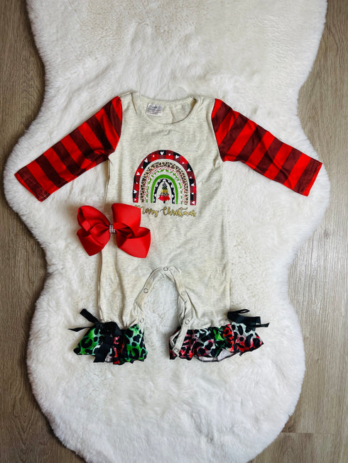 Bowtism Baby Girl Merry Christmas Romper with Matching Bow - Bowtism